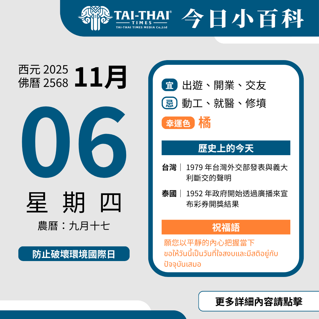 西元 2025 年 11 月 06 日（星期四）佛曆 2568 年 11 月 06 日 農曆 九月十七